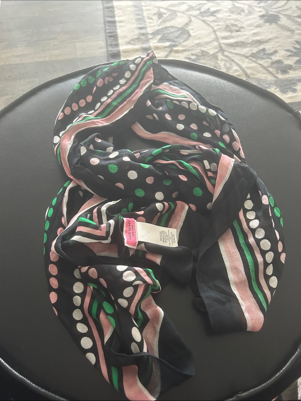kate spade Black Scarf with Pink, Green and White Polka Dot & Stripe Pattern
